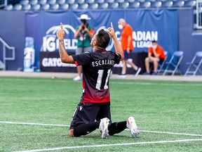 Cavalry FC’s Jose Escalante celebrates his goal against York United FC during yesterday’s win at IG Field in Winnipeg.