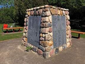 A stone monument in the St. Albert Cemetery with the names of about 98 Indigenous people, many of whom were of school age, who were buried on what is now the grounds of Poundmaker's Lodge in unmarked graves.