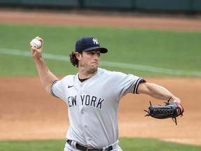 New York Yankees starting pitcher Gerrit Cole delivers a pitch during the first inning against the Minnesota Twins at Target Field on Wednesday.