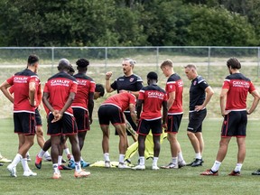 Cavalry FC head coach and general manager Tommy Wheeldon Jr. speaks to his team during training in Prince Edward Island at the Canadian Premier League Island Games in the summer of 2020.