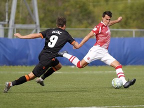 Cavalry FC’s Dominick Zator moves to strike against Forge FC during the Canadian Premier League’s Island Games in Charlotettown, P.E.I., on Sept. 15, 2020.