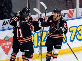 The Calgary Hitmen celebrate during their 7-4 win over the Lethbridge Hurricanes at the Enmax Centre in Lethbridge on Sunday, March 21, 2021. Erica Perreaux/Special to Postmedia