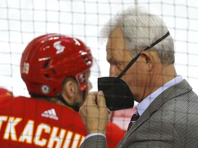 Calgary Flames coach Darryl Sutter reacts after Winnipeg Jets score their fourth in second period NHL action at the Scotiabank Saddledome in Calgary on Monday, March 29, 2021. Darren Makowichuk/Postmedia