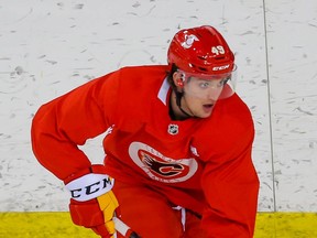 Calgary Flames prospect Jakob Pelletier participates in training camp at the Saddledome in this photo from Jan. 10.