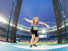Jenn Brown competes in the women's F38 discus final at the Olympic Stadium during the Rio 2016 Paralympic Games.