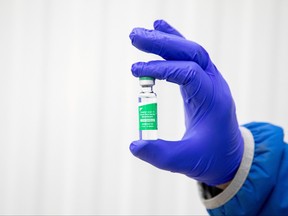 A vial of AstraZeneca coronavirus disease (COVID-19) vaccine doses at a facility in Milton, Ont. on March 3, 2021.