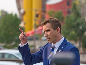 Calgary Ward 6 City Councillor Jeff Davison addresses the third-party advertiser controversy in his mayoral campaign as well as the upcoming vote on the new arena deal during a press conference on Wednesday, July 28, 2021.