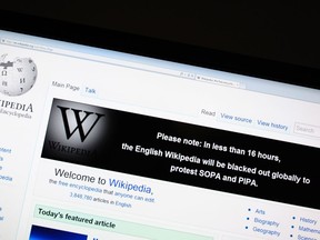 The online encyclopedia Wikipedia is viewed on January 17, 2012 in Washington, DC.