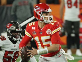 Patrick Mahomes of the Kansas City Chiefs looks to pass against the Tampa Bay Buccaneers in Super Bowl LV at Raymond James Stadium on February 7, 2021 in Tampa.