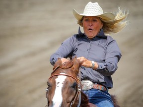 Cowgirl Lynette Brodoway, of Brooks, Alta., sailed around the barrels in a time of 17.59 seconds during barrel-racing action at the Calgary Stampede rodeo on Sunday, July 11, 2021.