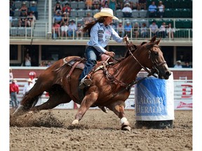 Shelby Spielman, from Dalhart Texas, ran the barrels in 17.42 at the Calgary Stampede rodeo on Wednesday, July 14, 2021.  Speilman holds on to first place in ladies barrel racing.

Gavin Young/Postmedia