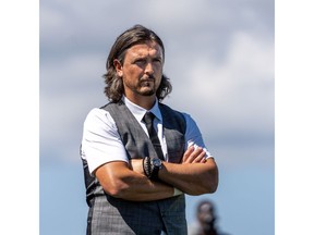 Cavalry FC coach/ GM Tommy Wheeldon Jr watches the match against Valour FC on Sunday, August 16, 2020 during Canadian Premier League Island Games in Charlottetown, Prince Edward Island. Cavalry FC won 2-0. CPL Chant Photography