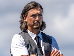 Cavalry FC coach/ GM Tommy Wheeldon Jr watches the match against Valour FC on Sunday, August 16, 2020 during Canadian Premier League Island Games in Charlottetown, Prince Edward Island. Cavalry FC won 2-0. CPL Chant Photography