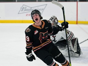 Sean Tschigerl celebrates after scoring the first goal of the game -- and season -- for the Calgary Hitmen as they faced the Red Deer Rebels at the Seven Chiefs Sportsplex on Friday, March 5, 2021. Candice Ward/Calgary Hitmen