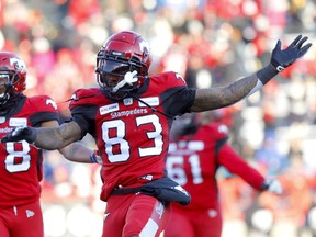 Calgary Stampeders, Josh Huff celebrates a TD against the Winnipeg Blue Bombers during the CFL semi-finals in Calgary on Sunday, November 10, 2019. Darren Makowichuk/Postmedia