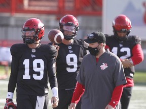 Calgary Stampeders quarterback crew ready for the CFL team's first training camp practice in Calgary on Saturday, July 10, 2021. Jim Wells/Postmedia