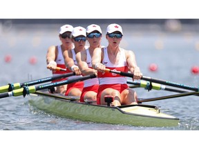 Jennifer Martins,  Kristina Walker, Nicole Hare and Stephanie Grauer of Canada in fours rowing action this weekend at the Tokyo Olympic Summer Games.