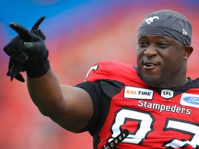 Calgary Stampeders Derek Wiggan during warm-up before facing the Hamilton Tiger-Cats in CFL football in Calgary on Saturday, September 14, 2019. Al Charest/Postmedia