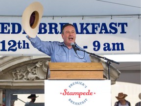 Alberta Premier Jason Kenney speaks at the annual Premier’s Stampede Breakfast in downtown Calgary on Monday, July 12, 2021.