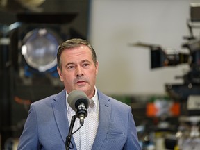Premier Jason Kenney speaks at a press conference providing an update on film and television productions in Alberta and the Film and Television Tax Credit program at Rocky Mountain Film Studios North Campus on Tuesday, Aug. 3, 2021.