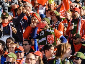Cavalry FC fans cheer their team during Leg 2 of the Canadian Premier League Championship against Forge FC at ATCO Field at Spruce Meadows in Calgary on Nov. 2, 2019.  Forge won 1-0 and were crowned league champions.