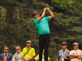 CALGARY, AB - AUGUST 14: Stephen Ames of Canada of tees off on the seventh hole  during round one of the Shaw Charity Classic at Canyon Meadows Golf & Country Club on August 14, 2021 in Calgary, Alberta, Canada.