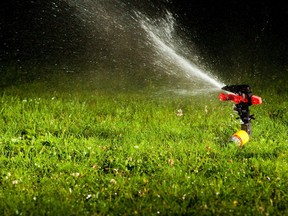 lawn sprinkler spraying water over green grass at night