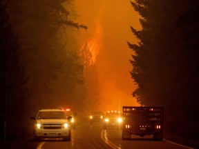 Firefighters monitor the scene as flames from the Dixie fire jump across highway 89 near Greenville, Calif., Tuesday, Aug. 3, 2021.