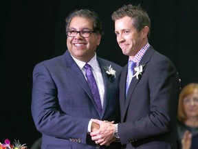 Calgary Mayor Naheed Nenshi, photographed with Coun. Jeff Davison during council swearing-in ceremonies on Oct. 23, 2017.