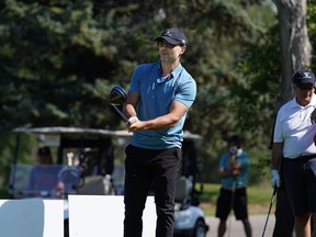 Former Flames captain Mark Giordano tees off on the first hole of the Cottonwood Golf Club.The longtime Flames captain was selected by Seattle this summer in the expansion draft. Monday, August 30, 2021. Dean Pilling/Postmedia