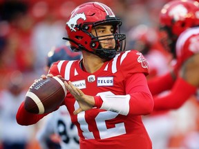 Calgary Stampeders quarterback Jake Maier throws the ball against the Montreal Alouettes during CFL football in Calgary on Friday, August 20, 2021. Al CHAREST / POSTMEDIA