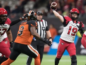 CP-Web.  Calgary Stampeders quarterback Bo Levi Mitchell passes during first half CFL football action against the B.C. Lions, in Vancouver, Saturday, Nov. 2, 2019.