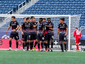 HFX Wanderers FC vs Cavalry FC. First-Half. Cavalry FC players celebrate a goal by Anthony Novak against HFX Wanderers FC at IG Field in Winnipeg on July 17, 2021.