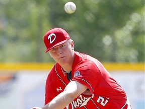 Okotoks Dawgs pitcher, Graham Brunner throws out a pitch as they took on the Lethbridge Bulls for their Opening Weekend at Seaman Stadium in Okotoks on Sunday, June 20, 2021. Darren Makowichuk/Postmedia