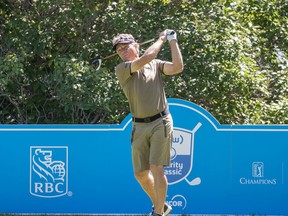 Bernhard Langer tees off during the ProAm day 2 at the Shaw Charity Classic in Calgary, Alberta, Canada, August 12, 2021. Todd Korol/Shaw Charity Classic