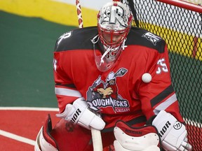 Roughnecks goalie Christian Del Bianco makes a save during National Lacrosse League West Division final action between the Calgary Roughnecks and Colorado Mammoth in Calgary on Friday, May 10, 2019. Jim Wells/Postmedia