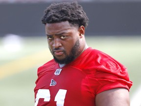 Calgary Stampeders OL, Ucambre Williams during practice at McMahon stadium in Calgary on Thursday, August 5, 2021. Darren Makowichuk/Postmedia