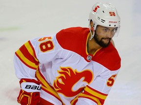 Calgary Flames defenceman Oliver Kylington during warm-up before an intrasquad game at the Saddledome on Jan. 11, 2021.