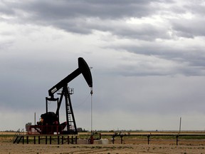 An oil and gas pump jack seen near Granum, Alberta.