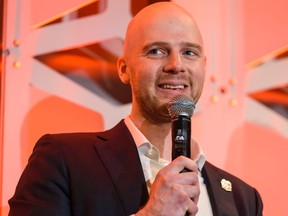 Calgary Flames Alumnus Matt Stajan speaks during the teamÕs 40th season luncheon at Scotiabank Saddledome on Monday, March 9, 2020. Azin Ghaffari/Postmedia