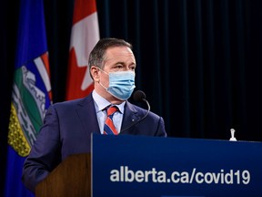 Premier Jason Kenney announces the province's new COVID restrictions at McDougall Centre in Calgary on Friday, September 3, 2021.