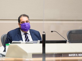 Mayor Naheed Nenshi was photographed during his final meeting in the Council Chamber on Monday, September 13, 2021.