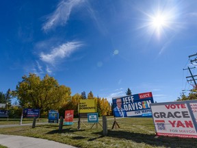 Municipal election signs on 14 St. and 38 Ave. S.W. were photographed on Friday, September 24, 2021. Azin Ghaffari/Postmedia