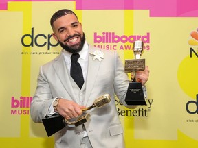 Drake poses backstage for the 2021 Billboard Music Awards, broadcast on May 23, 2021 at Microsoft Theater in Los Angeles, California.
