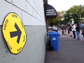 Advance polls at the Renfrew Community Association were around the block in Calgary on Monday, September 13, 2021.