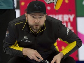 Skip Mike McEwen and his Winnipeg-based team have advanced to the Canadian Olympic curling trials, to be held in Saskatoon Nov. 20-28, 2021. of Winnipeg Mb, stands in the house during draw 10 against team Wild Card 3. Curling Canada/ Michael Burns Photo