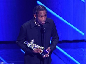 Rapper Travis Scott accepts the Best Hip-Hop award for "Franchise" during the 2021 MTV Video Music Awards at Barclays Center in Brooklyn, New York, Sept. 12, 2021.