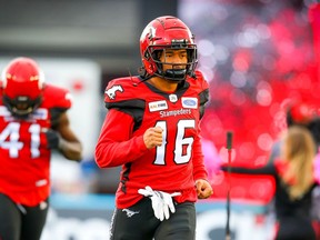 Royce Metchie of the Calgary Stampeders runs onto the field during player introductions before facing the Winnipeg Blue Bombers in CFL football on Saturday, October 19, 2019. Al Charest/Postmedia