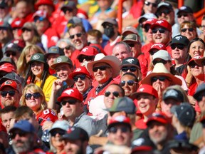 Calgary Stampeders fans take in the Labour Day Classic at McMahon Stadium in Calgary on Monday, Sept. 6, 2021.