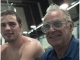 (CALH) 8 May, 1996--SWIMMER 7---Curtis Myden and his Olympic Swim Coach, Deryk Snelling, chat before a training session at the U of C pool.  Photo by Tannis Toohey, Calgary Herald.